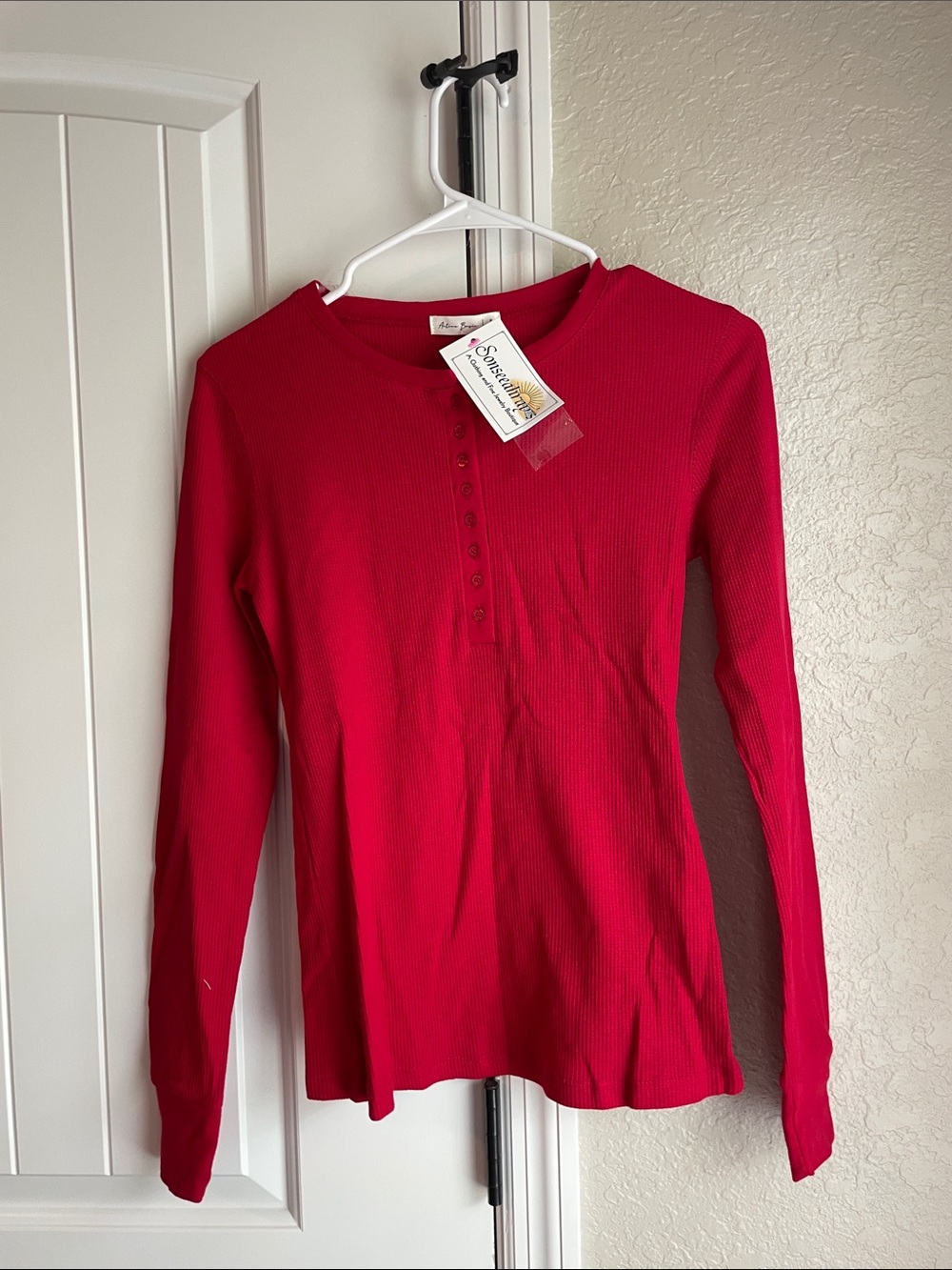 Active Basic Long Sleeve Ribbed Henley - Red